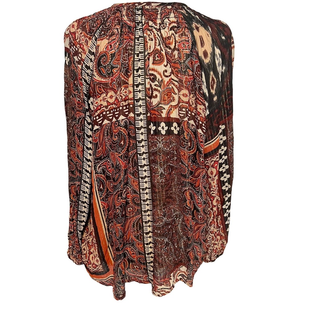 Zara Women L Tie Neck Peasant Blouse Paisley Patchwork Top Burgundy Gold Boho - Picture 3 of 11